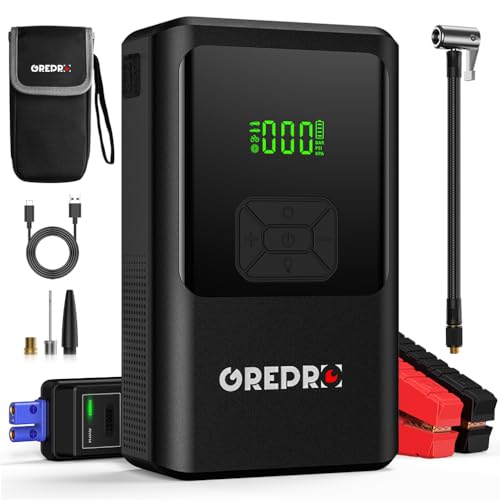 GREPRO 5-in-1 Jump Starter Power Pack, 3000A Car Jump Starter with Air Compressor for 12V Vehicle, Jump Pack and Jump Starter with Digital Display and LED Flashlight (Up to 10.0L Gas,8.0L Diesel)
