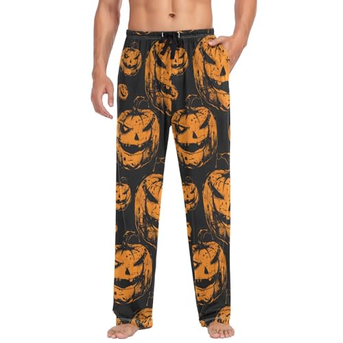 Pantalon de pyjama pour homme doux imprimé potiron noir et orange en coton