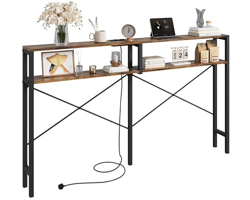 IRONCK Konsolentisch mit Ladestation, schmaler Sofatisch, 180cm Flurtisch mit 2 Ablagen, Type-C & USB Anschlüsse, 2 AC Steckdosen, Eingangstisch, Beistelltisch für Wohnzimmer, Dunkelbraun