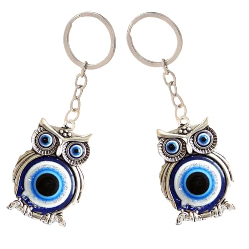 LijuanWang Porta-chaves de olho malvado azul turco com coruja - amuleto para boa sorte, para homem e mulher, mala e decoração
