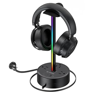 TROND Headphone Stand with PD 20W USB C, RGB Gaming Headset Holder with 3 AC Outlets, 2 USB-C & 1 USB-A, 5ft Retractable Extension Cord with Flat Plug, for Desk Computer Accessories Gamer Gifts, Black