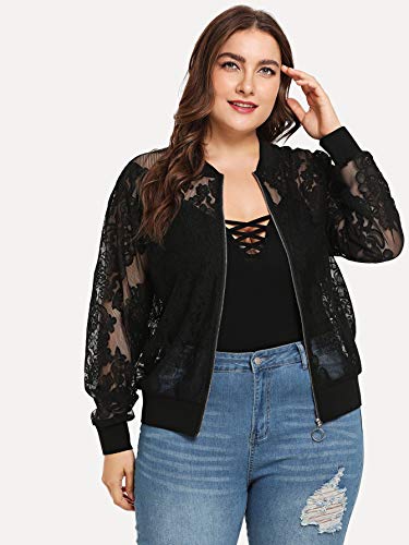 Floerns Women's Plus Size Sheer Floral Lace Long Sleeve Baseball Jacket4