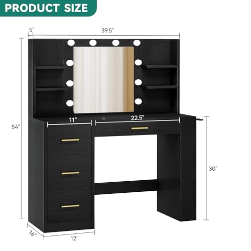 DWVO Vanity Desk with Mirror and Lights, 40in Makeup Vanity Table with Power Outlet, 4 Drawers & Storage Shelves, 3 Lighting Color Adjustable, Black Dressing Desk for Bedroom