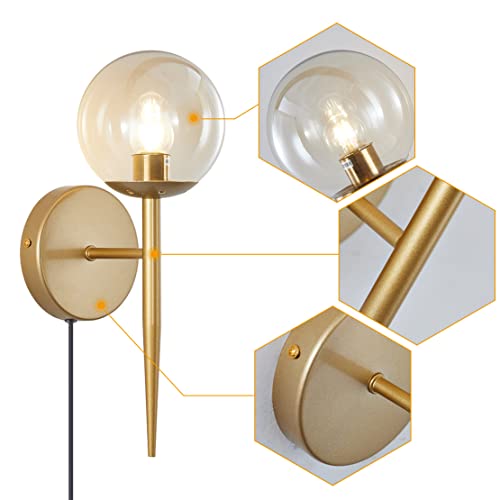 Image of BOKT Vintage Brushed Gold Plug in Cord Wall Sconce Set of Two Mid Century Modern Globe Wall Sconce Lighting Plug in Set of 2 Vanity Bathroom Bedroom Bar Wall Lamp Plug in (Amber)