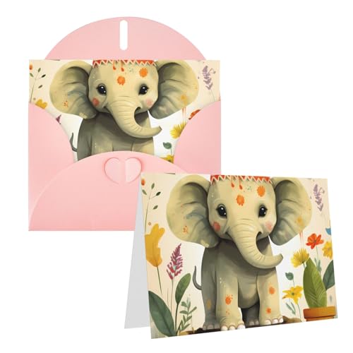 GDSHJKLW 漫画象 植物 絵画 空白のグリーティングカード 封筒付き 4インチ x 6インチ サンキューカード ノートカード あらゆる機会カード ピンク クリスマス ホリデー 誕生日 卒業 記念日