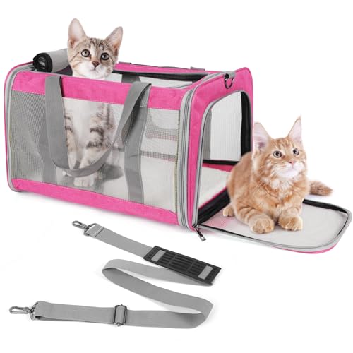 Pet Carrier for Large Cats of 20 Lbs, Collapsible Carrier Bag for Big Cat or 2 Kittens,Soft Sided Puppy Carrier with Sturdy Travel Transport Strap, Adequate Ventilation, 4 Mesh Windows (Pink)