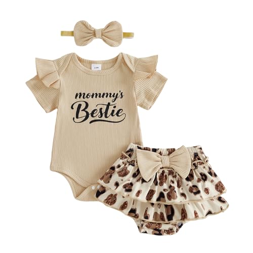 Image of fhutpw Newborn Baby Girl Clothes Ribbed Sleeve Romper Top Leopard Ruffle Shorts Bow Headband Infant Summer Outfits 0-18M