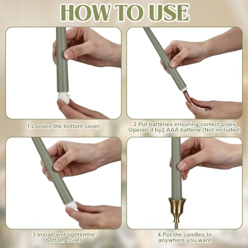 Image of Macarrie 24 Packs Flameless Taper Candles Battery LED 11 inch,Sage Green | Fake Candlelight Flameless Candlesticks Flickering Tapered for Weddings, Parties, Decor, Summer Fall Event