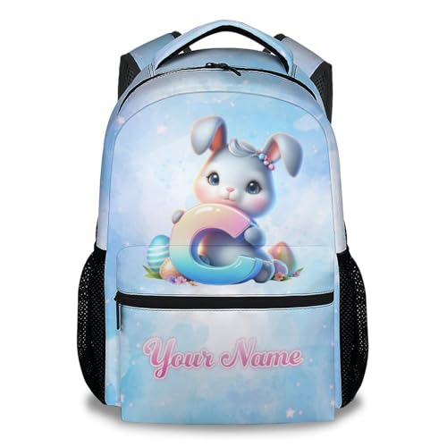 Custom Bunny Backpack for Girls Boys, 17 Inch Blue Backpacks for Kindergarten, Cute Durable Lightweight Bookbag for Kids, Student