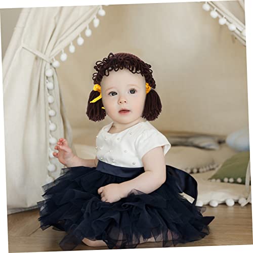 Adorable Winter Knit Hat with Wig Decoration for Boys and Soft Warm Beanie for Daily Wear and Photo Sessions for Years Coffee3
