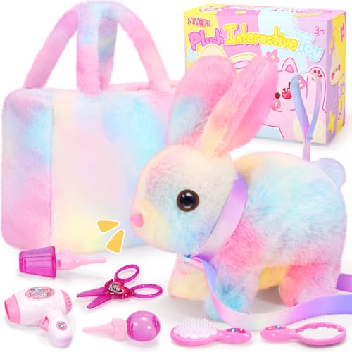 NINAOR Plush Interactive Bunny Toys for Kids with Tote Bags Stuffed Robot Pet Rabbit with Leash Hopping Wiggle Ears Pretend Play Realistic Cute Fidget Toys for Toddler Stocking Stuffers Birthday Gifts