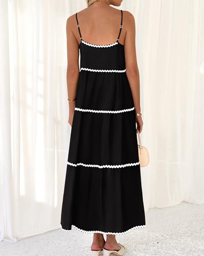 Image of BTFBM Boho Summer Dresses 2025 Spaghetti Strap Backless Sundress RIC Rac Trim Tiered A-Line Long Casual Vacation Dress