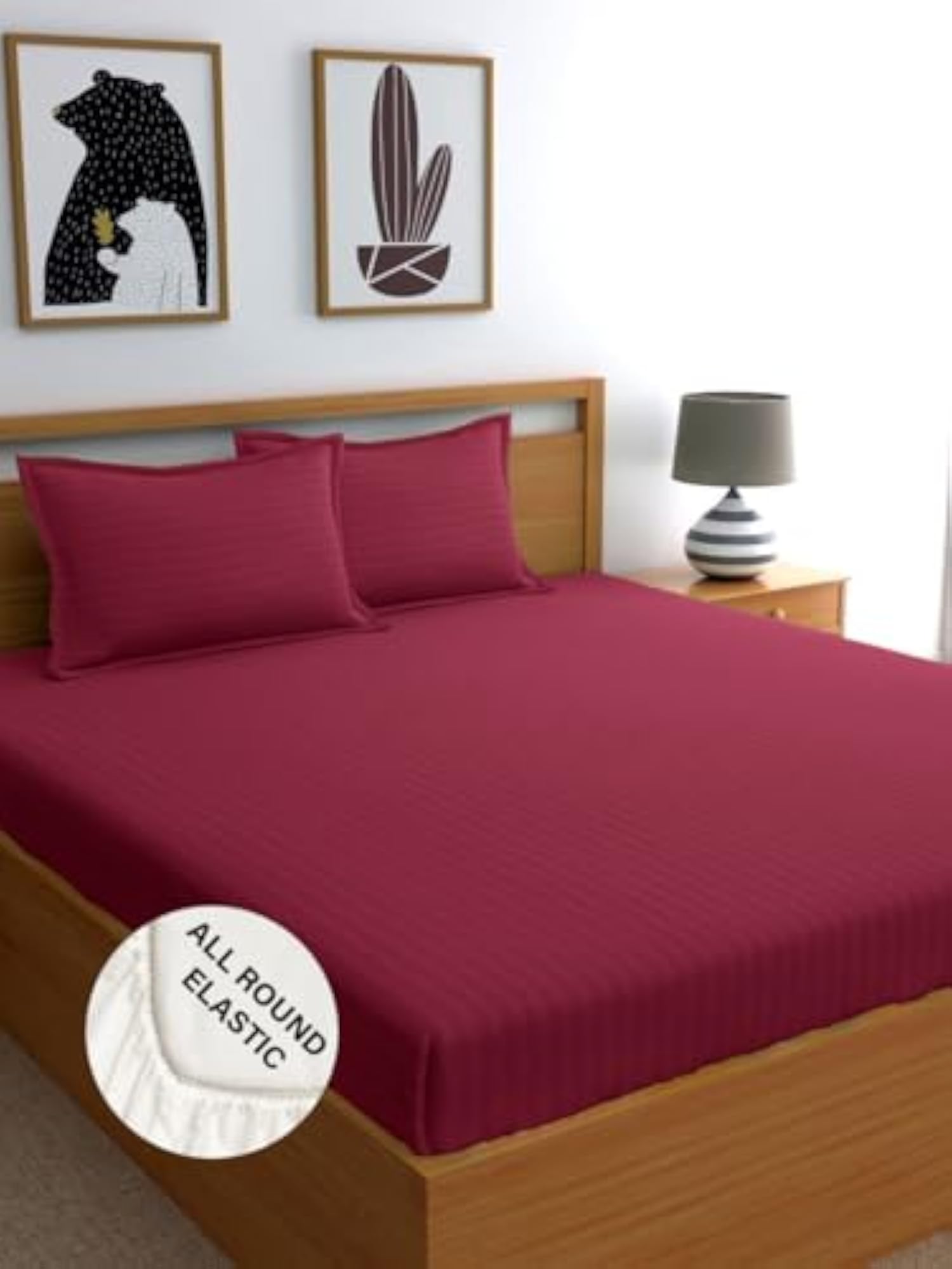 Satin Striped Fitted Bedsheet for Double Bed with 2 Pillow Covers