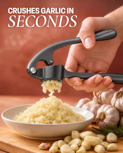 Image of Zulay Kitchen Premium Garlic Press Set - Rust Proof Professional Garlic Mincer Tool - Easy-Squeeze, Easy-Clean with Soft, Ergonomic Handle - Silicone Garlic Peeler & Brush-Dark Gray