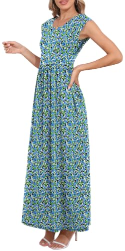 Image of DB MOON Womens 2026 Maxi Dresses Empire Waist Long Summer Dress Casual Cap Short Sleeve Sundress with Pockets