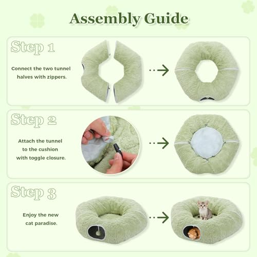 Image of PEQULTI Cat Tunnel with Bed for Indoor Cats, Cat Play Donut Tunnel with Washable Soft Plush Mat, Round Tube Toys Cute Tube for Kittens, Puppies, Rabbits and Ferrets, Green