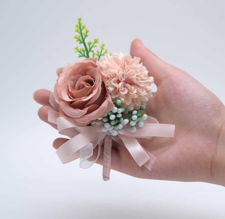 Rikyo 2 Pack Flower Wrist Corsage Boutonniere Set,3'' Artificial Rose & Carnation Wrist Corsage & Men Boutonniere Set,Handmade Silk Flower for Wedding Flowers Accessories Prom Suit Decor (Rose Gold) - Image 2