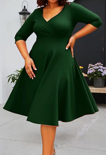 Image of Womens Plus Size Dresses Faux Wrap Summer Dress 3 /4 Sleeves V Neck 1950s Retro Vintage Wedding Party Midi Dress
