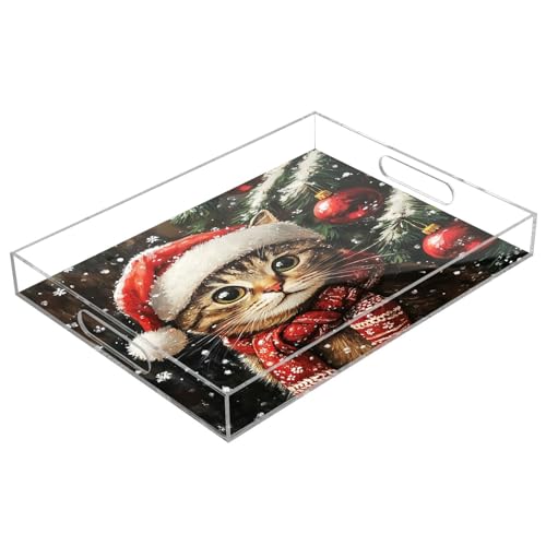 Nesatuwa Cat Christmas Acrylic Serving Tray with Handles,Clear Serving Tray Decorative Tray Organiser for Ottoman, Kitchen, Bedroom Decorative Tray 12x16 Inches