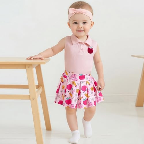 Kids Girl Back to School 2 Piece Outfits Summer Sleeveless Lapel Apple Graphic Tank Tops and Pleated Skirt Set3