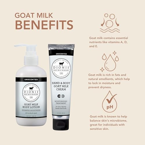 Dionis Goat Milk Unscented Hand & Body Cream and Body Lotion Bundle (Pack of 2)