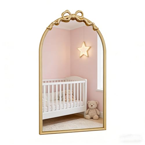 Large Arched Gold Bow Mirror - Vintage Arch Mirror with Antique Metal Frame Wall Mirror Decor for Nursery Bathroom Vanity Living Room 25x16