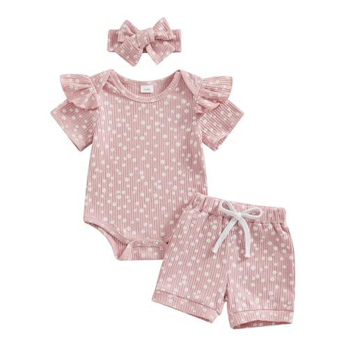 Newborn Baby Girl Clothes Summer Knit Ribbed Floral Print Short Sleeve Romper Shorts Headband Outfit Set