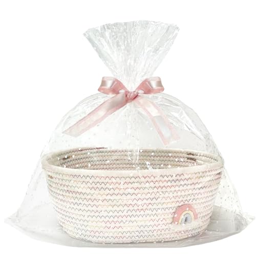 Image of SHIANCE&LI Small Woven Rainbow Basket with Gift Bags and Ribbons, Cute Empty Gift Decorative Basket For Baby Storage Nursery, Cotton Rope Basket with Handles,12 inchx 8 inch x 5 inch (Rainbow)
