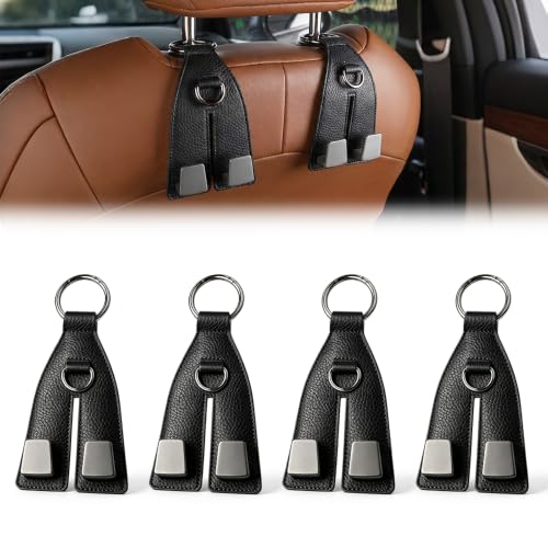 Image of Premium Leather Wrapped Design (Black, 4pcs) | Double Hook Storage | Space Saving Car Organizer | Easy Headrest Installation