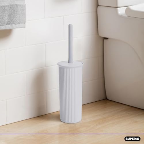 Image of Superio Ribbed Collection Toilet Bowl Brush and Holder Set, Decorative Plastic Bathroom Toilet Brush with Holder, Toilet Cleaner Scrubber, White Smoke - 1 Pack