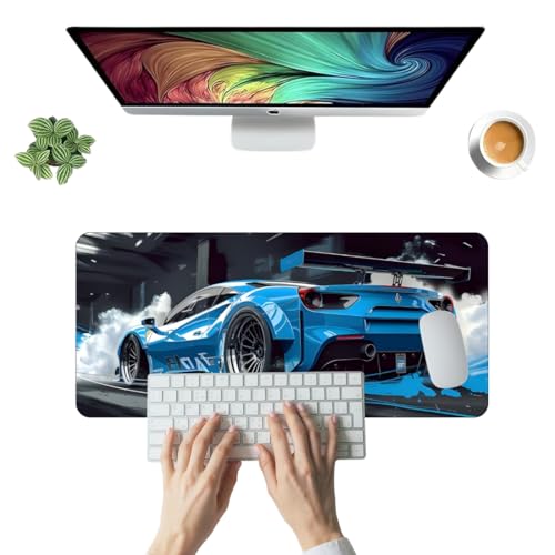 Image of Moto Edition Desk Mat 23x11 Inch - Racing-Themed Keyboard & Mouse Pad for Office, Home & Gaming | Non-Slip Rubber Base, Waterproof Surface, Supercar & Bike Inspired Table Mat (Blue Drift)