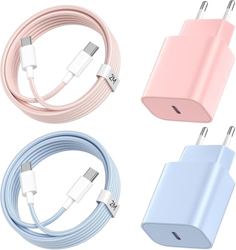 Cargador Carga Rapida para iPhone 16/16 Pro/16 Pro Max/16 Plus/15/15 Pro/15 Pro Max/15 Plus, 20W 2Pack PD3.0 Cargador USB C Enchufe con 2Pack 2M Cable Tipo C para iPhone - Rosa+Azul