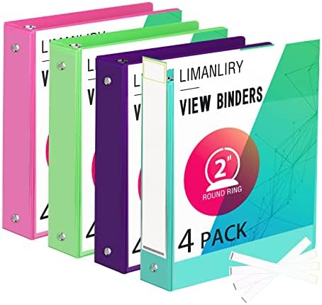 2 Inch Binders, Durable 2" 3 Ring Binder, Customizable View Binder with Pockets, Assorted Colors, 4 Pack