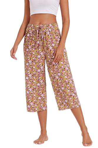 Image of Kabento 2 Pack Womens Pajama Pants Capri Sleep Lounge Pants Drawstring Pj Bottoms with Pockets