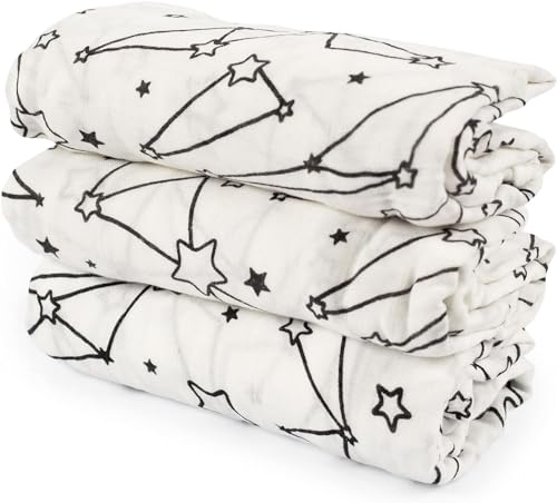 Image of Iron Lily Muslin Swaddle Blankets for Baby Boys & Girls -Stars (3pack) - 70% Rayon derived from Bamboo, 30% Cotton- Newborn Black and White Muslin Blanket Baby - Receiving Muslim Infant Wrap Swaddles