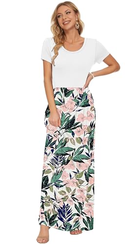 Robe longue imprimé fleurs roses et feuillage vert à manches courtes