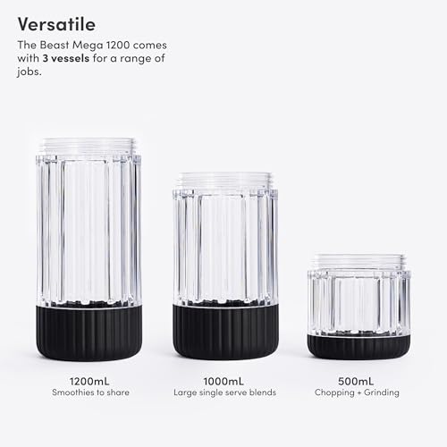 Beast Mega 1200 Plus | Premium Countertop Blender | Smoothies, Shakes, Sauces, Dips, Soups | Blends Ice and Frozen Fruit | XL Vessel | With Extra Vessels, Straw System | 1200W | (Carbon Black, 120V)
