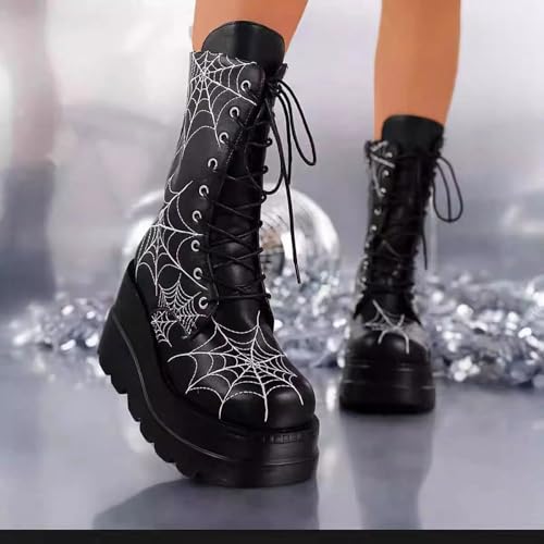 Platform Goth Mid Calf Boots for Women Punk Motorcycle Round Toe Combat Chunky Heel Boots Side Zip Lace Up Wedge Booties4