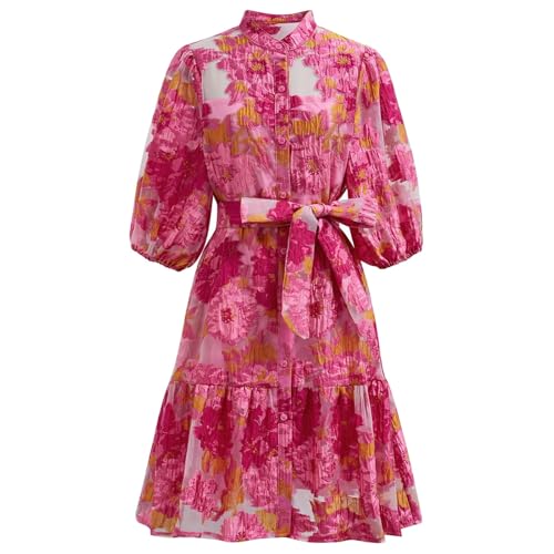 CHICWISH Women Floral Jacquard Mini Dress Puff Sleeves Mock Neck Button Garedn Party Organza Casual Dress with Belt