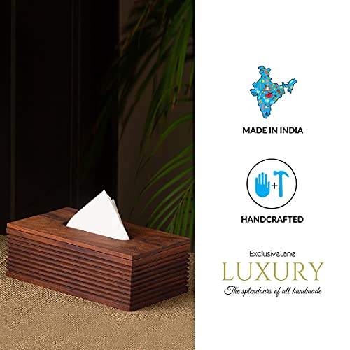 Image of ExclusiveLane 'Ripples of Wood' Handcrafted Wooden Napkin Holder for Dining Table & Tissue Paper Holder For Kitchen (Sheesham Wood) | Tissue Box Holder Tissue Paper Dispenser Napkin Stand Tissue Stand