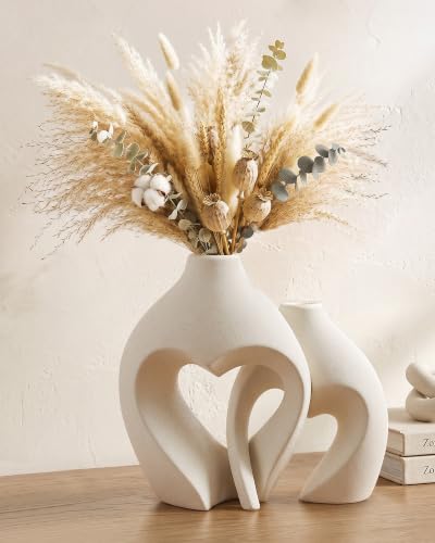 White Ceramic Flower Vase Home Table Decor Heart Shaped Vase Set of 2