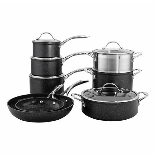 ProCook Professional Black Granite Induction Hob Pots & Pans Set Non-Stick Saucepan Set Cookware Induction Pans - 8 Piece, 14/16/18/20/24/28 cm, 1.2/1.8/2.5/3.5 L