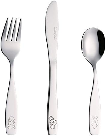 Exzact Children's Cutlery Stainless Steel 3pcs Set/Kids Cutlery/Toddler - 1 x Fork, 1 x Safe Dinner Knife, 1 x Table Spoon - Engraved Design (Dog Cat Bunny x 3)