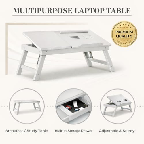 Image of Wooden Laptop Table Standard Adjustable Study Table with Laptop, Portable Lap Desk, Multifunctional Bed Table with Drawer and Folding Legs (White)