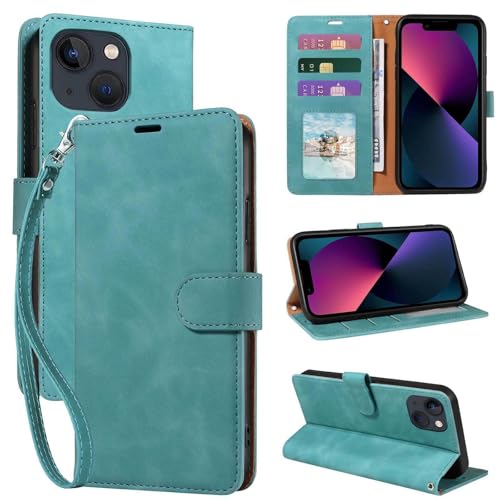 JHWVVTF for iPhone 13 Mini Case Wallet [RFID Blocking 3 Card Slots] [Kickstand] [Wrist Strap] [Magnetic Closure] Soft PU Leather Shockproof Protective Flip Cover 13 Mini Case (Green)