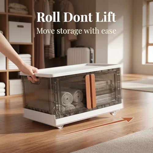 Image of PrettyKrafts Foldable Storage Bins with Lids & Wheels | Collapsible Plastic Storage Box with Double Door | Front & Top Opening Rolling Organizer for Toys, Clothes & Home Essentials, Pack of 1