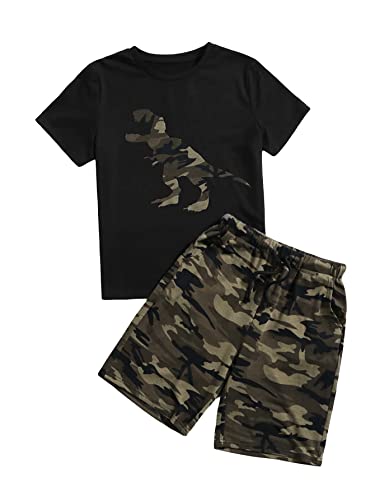 Image of Floerns Boys 2 Piece Outfits Print Short Sleeve Camo Tee Shirt and Drawstring Shorts Set
