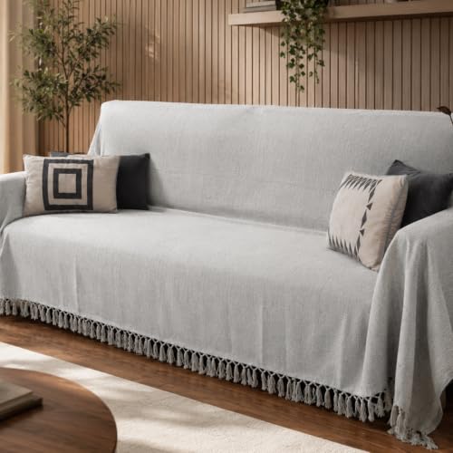 Manta 100% Algodão para Sofá – Macia, Respirável, Antialérgica e Decorativa – Tamanho 240×180 cm (CINZA)