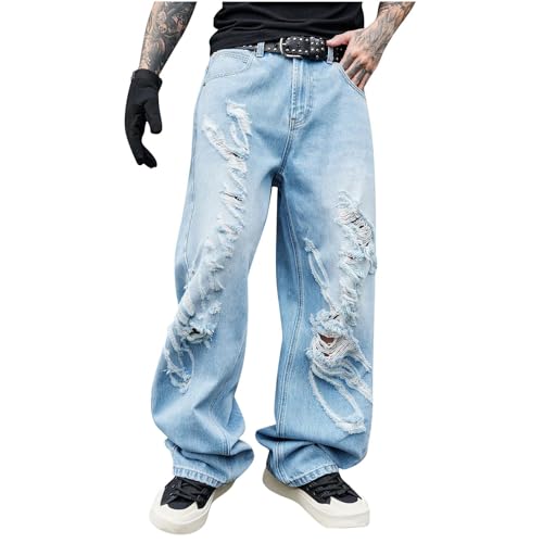 Men's Jeans Pants 2025 Fashion Y2k Ripped Washed Solid Color Loose Comfy Denim Trouser Cargo Sweatpant with Pocket