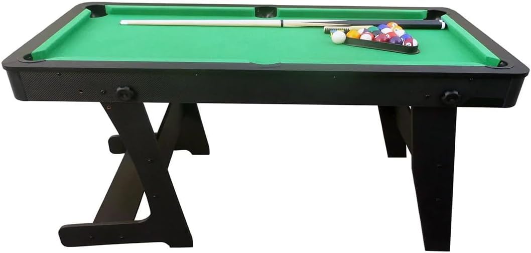 Proxima Health & Fitness 4FT Folding Pool Table for Home | Compact Billiard Table with Cue Stick, Balls & Brush | Foldable Indoor Game Table with Adjustable Height Legs | MDF Frame, Green Felt Surface